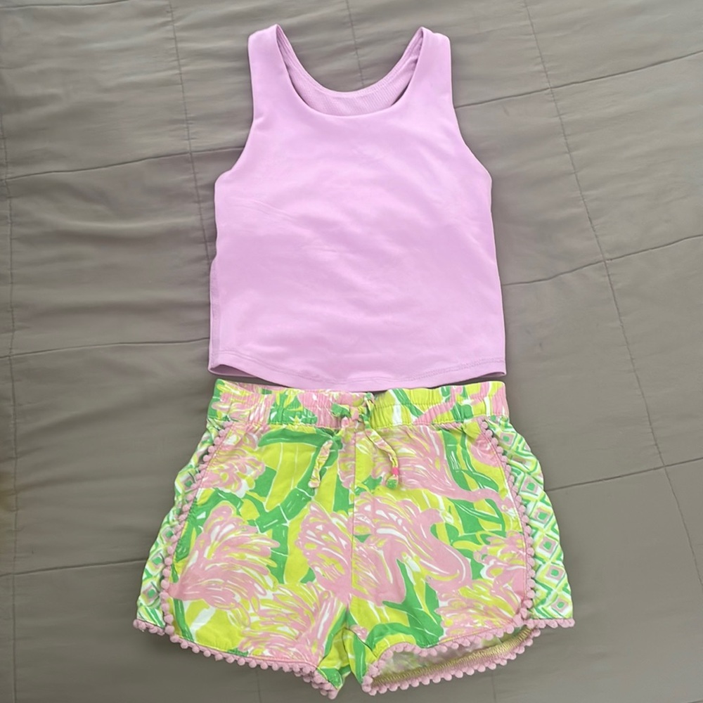 Lilly Pulitzer shorts and cute athletic tank top. Tank top in XS, shorts are 3T.